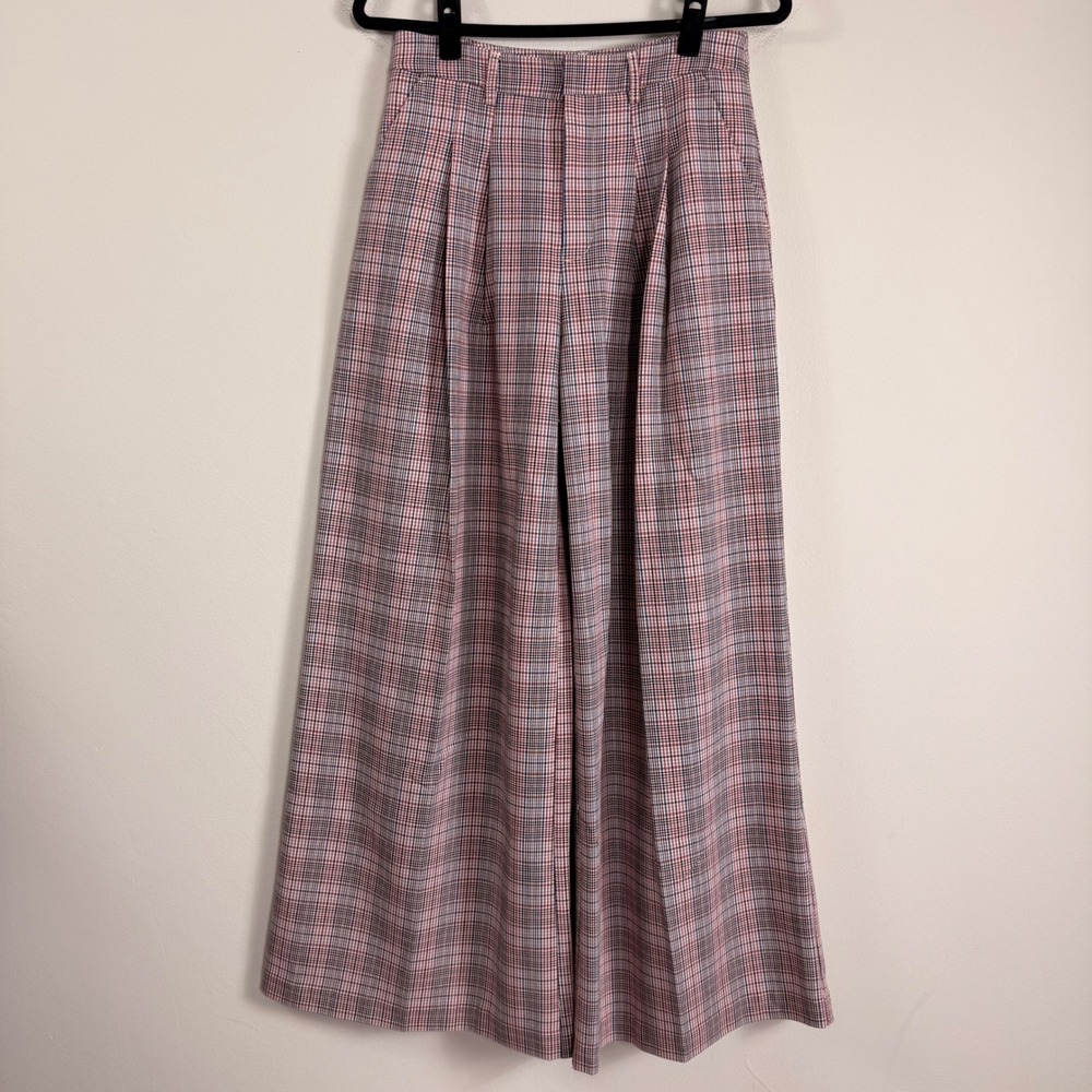 Maeve Avery Pleated Wide Leg Trousers Plaid High Rise Pants Mauve Blue US 6 - Picture 2 of 14